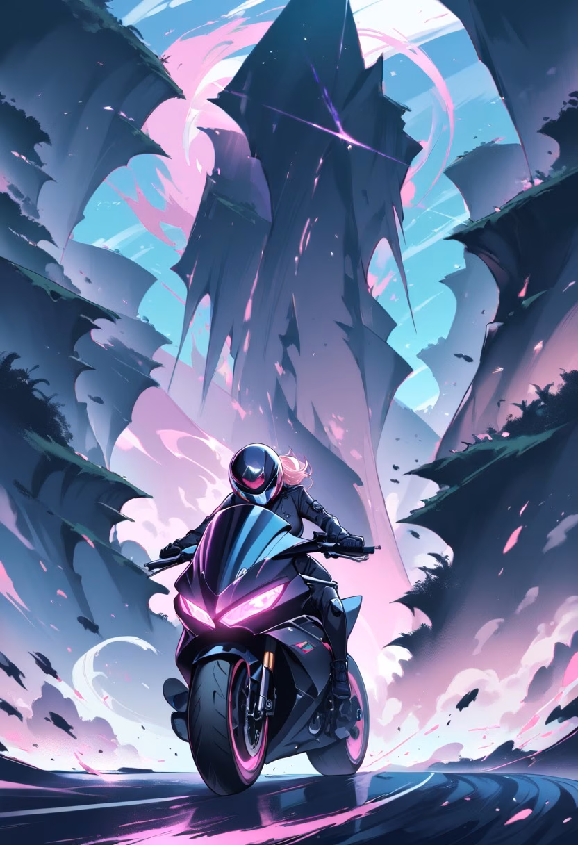 Motorcycle On Coastal Road — view 1 — sleek motorcycle, cruising along a winding coastal cliff road, faint ocean spray drifting from crashing waves below, dus