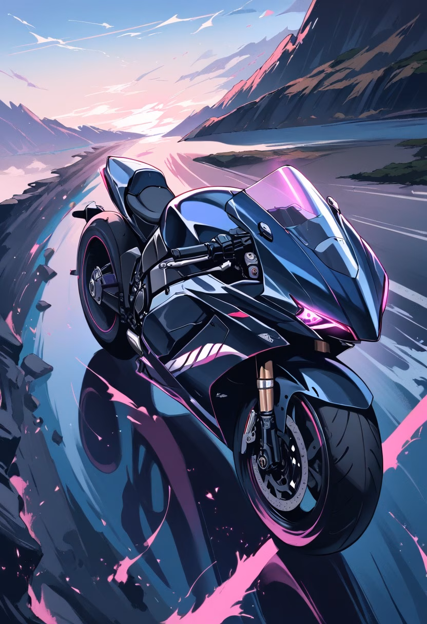 Motorcycle On Coastal Road — view 2 — sleek motorcycle, cruising along a winding coastal cliff road, faint ocean spray drifting from crashing waves below, dus