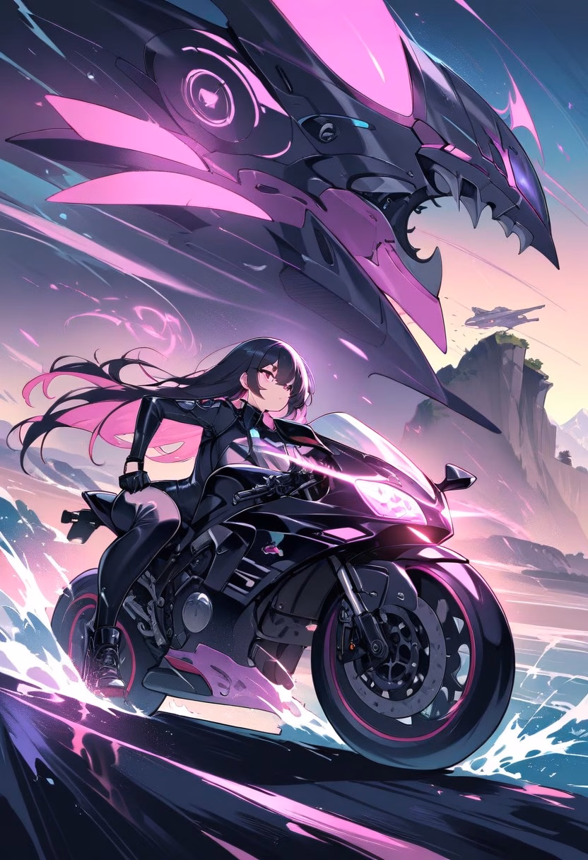 Motorcycle On Coastal Road — view 4 — sleek motorcycle, cruising along a winding coastal cliff road, faint ocean spray drifting from crashing waves below, dus
