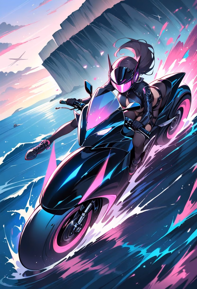 Motorcycle On Coastal Road — view 5 — sleek motorcycle, cruising along a winding coastal cliff road, faint ocean spray drifting from crashing waves below, dus