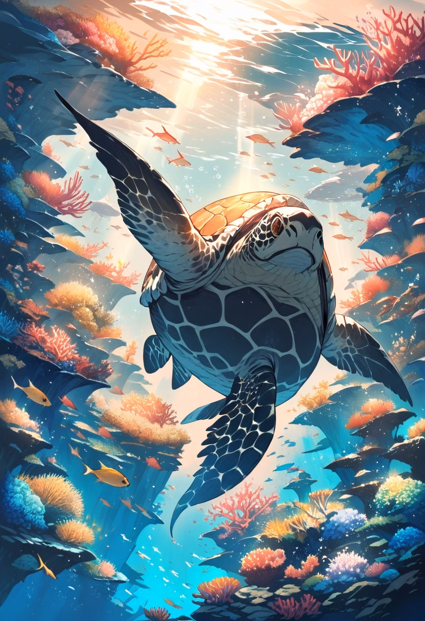 Graceful Sea Turtle — view 1 — sea turtle swimming, coral reef, sunlight rays underwater, blue ocean, marine life, graceful, detailed shell pattern, ma