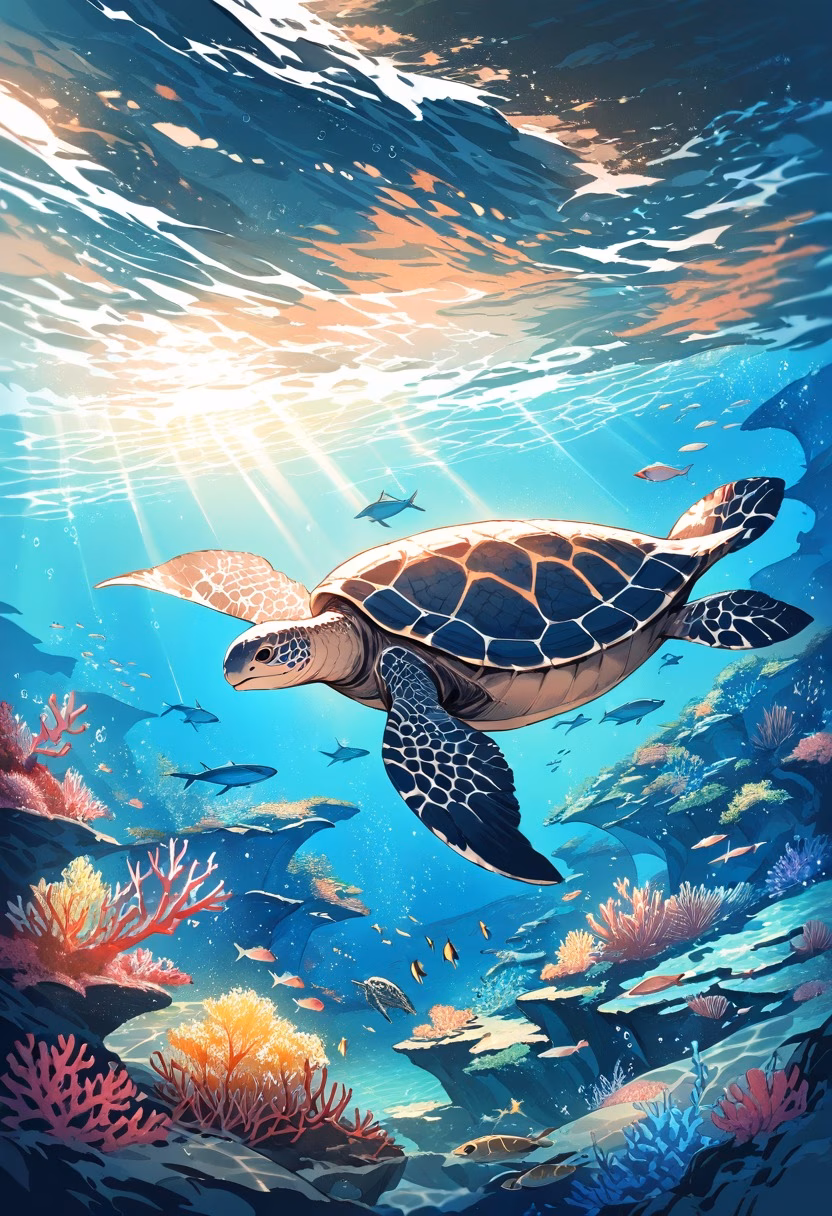 Graceful Sea Turtle — view 2 — sea turtle swimming, coral reef, sunlight rays underwater, blue ocean, marine life, graceful, detailed shell pattern, ma