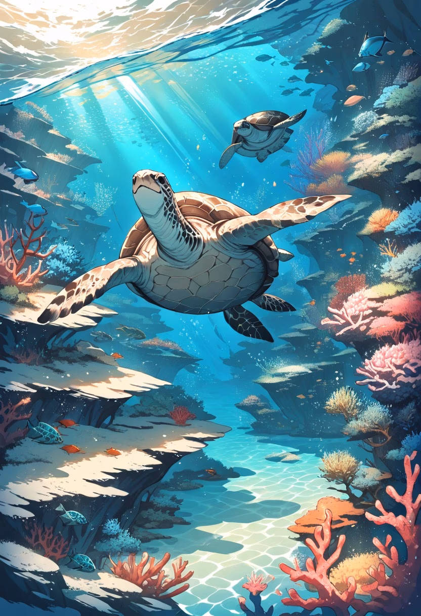 Graceful Sea Turtle — view 3 — sea turtle swimming, coral reef, sunlight rays underwater, blue ocean, marine life, graceful, detailed shell pattern, ma