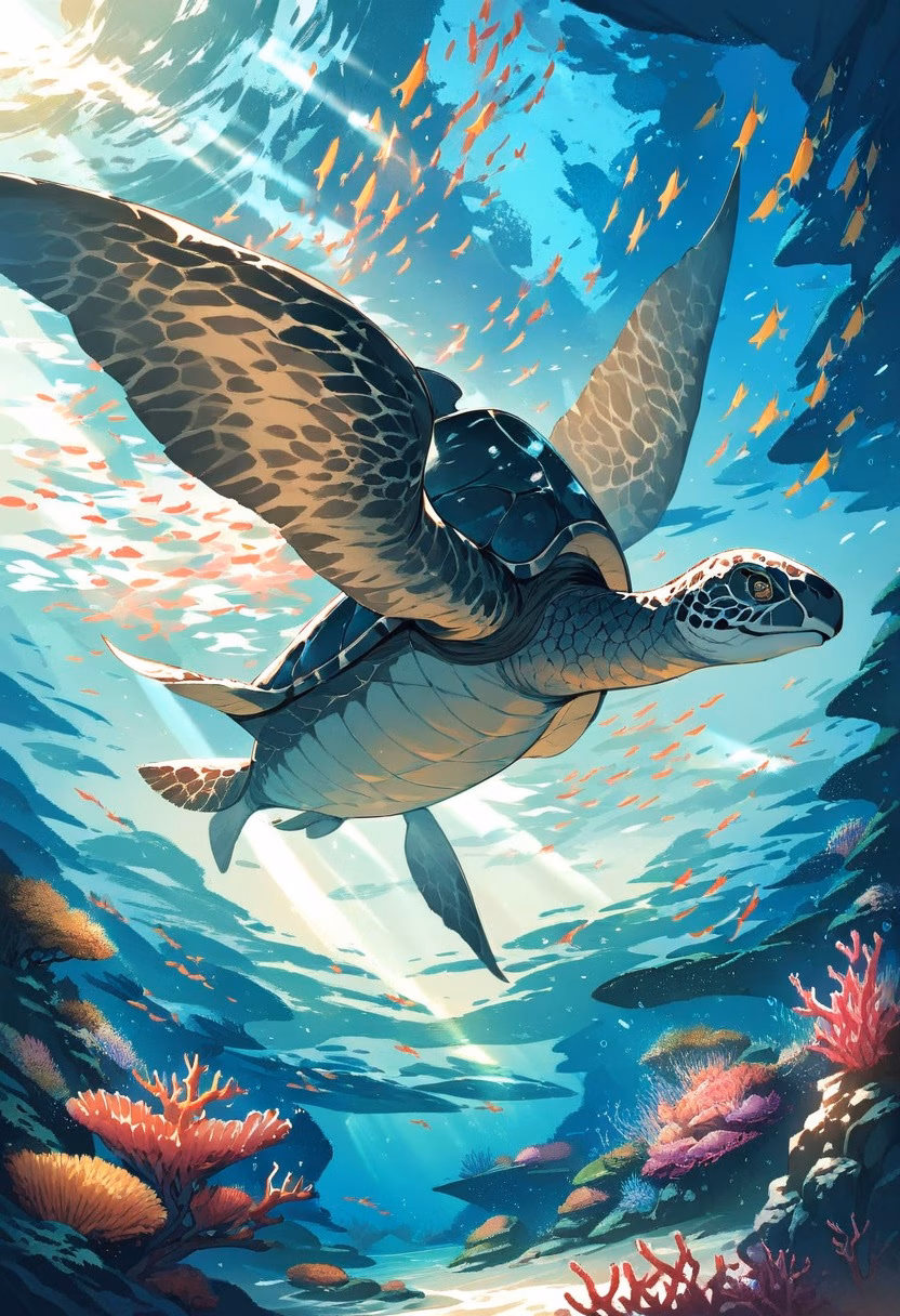 Graceful Sea Turtle — view 4 — sea turtle swimming, coral reef, sunlight rays underwater, blue ocean, marine life, graceful, detailed shell pattern, ma