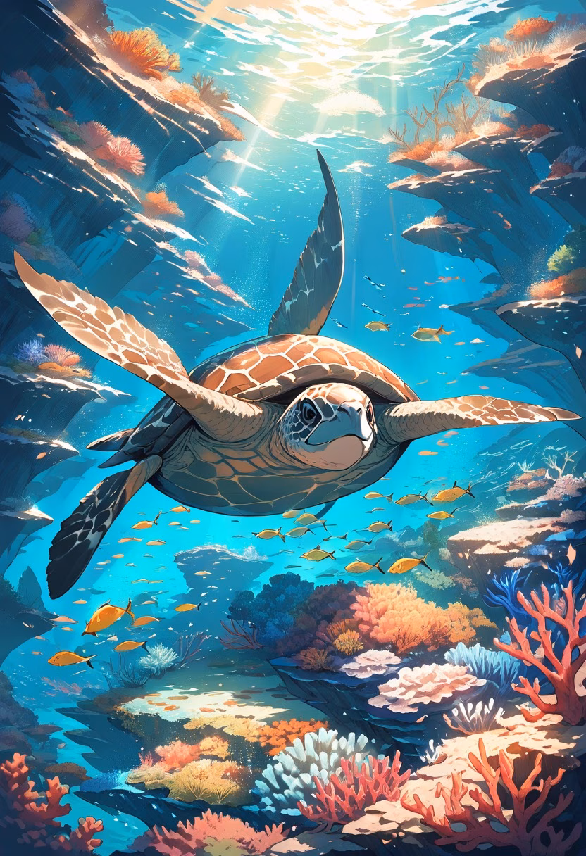 Graceful Sea Turtle — view 5 — sea turtle swimming, coral reef, sunlight rays underwater, blue ocean, marine life, graceful, detailed shell pattern, ma