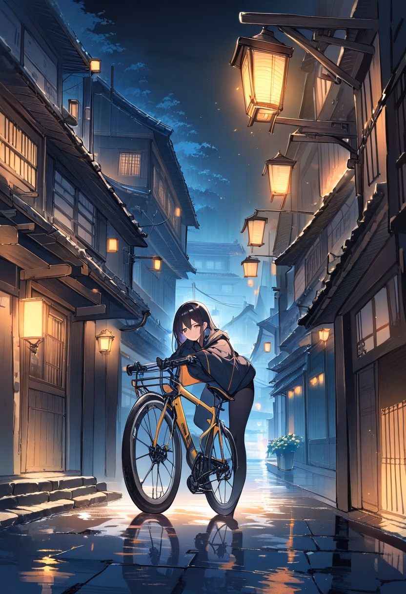 Bicycle In Courtyard — view 1 — sturdy hybrid bicycle, leaning against a quiet lantern-lit courtyard wall, faint glow reflecting off wet cobblestones, s