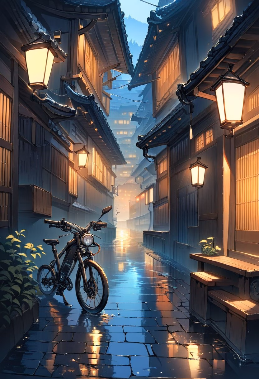 Bicycle In Courtyard — view 2 — sturdy hybrid bicycle, leaning against a quiet lantern-lit courtyard wall, faint glow reflecting off wet cobblestones, s