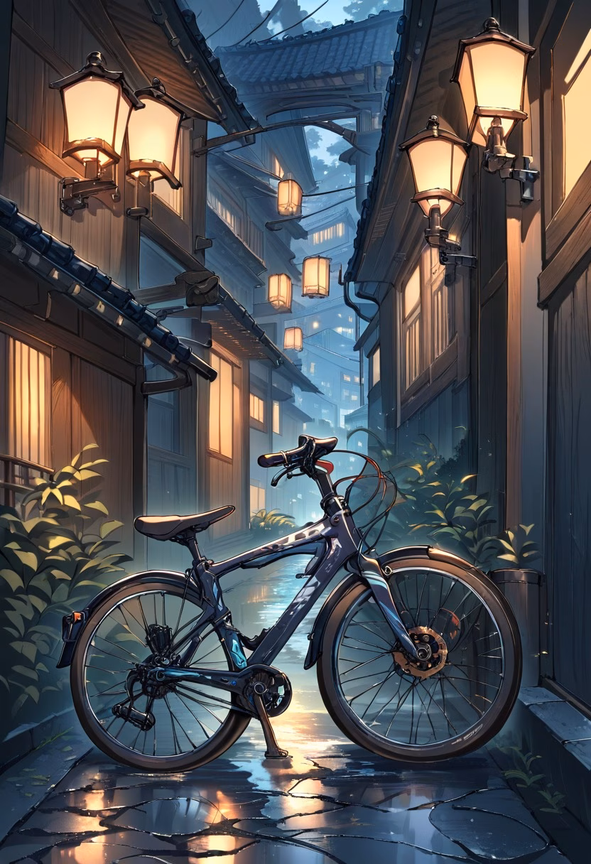 Bicycle In Courtyard — view 3 — sturdy hybrid bicycle, leaning against a quiet lantern-lit courtyard wall, faint glow reflecting off wet cobblestones, s