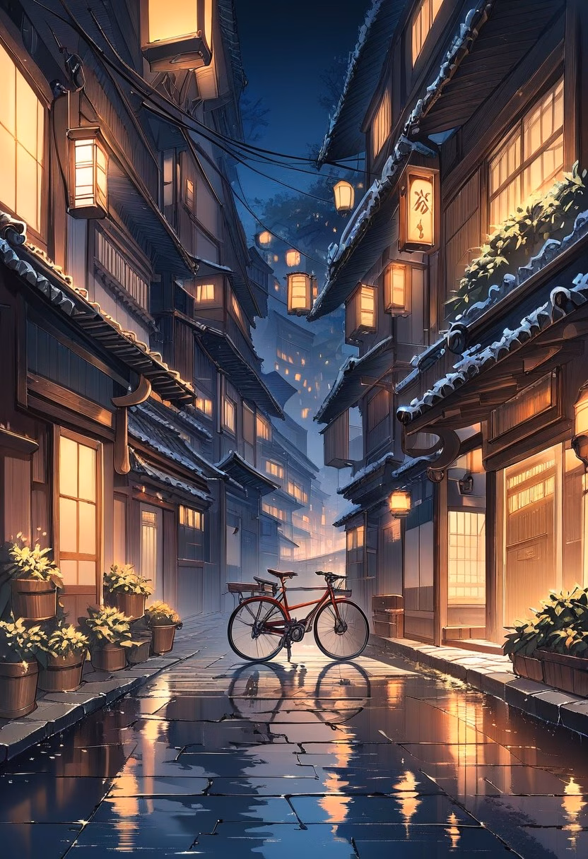 Bicycle In Courtyard — view 4 — sturdy hybrid bicycle, leaning against a quiet lantern-lit courtyard wall, faint glow reflecting off wet cobblestones, s