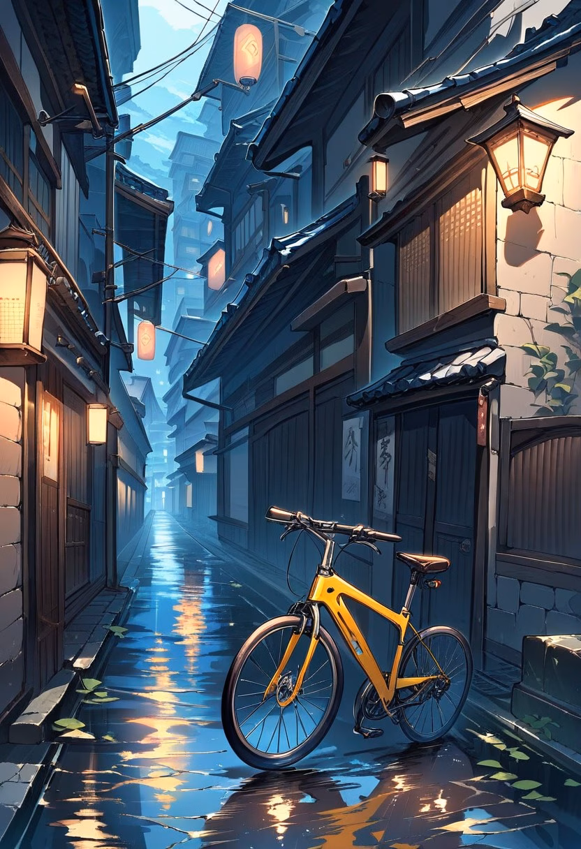 Bicycle In Courtyard — view 5 — sturdy hybrid bicycle, leaning against a quiet lantern-lit courtyard wall, faint glow reflecting off wet cobblestones, s