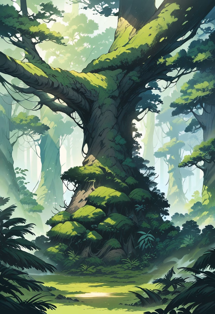 Misty Moss Forest — view 1 — moss covered forest, ancient trees, sunbeams through canopy, ferns, misty morning, emerald green, tranquil, woodland, de