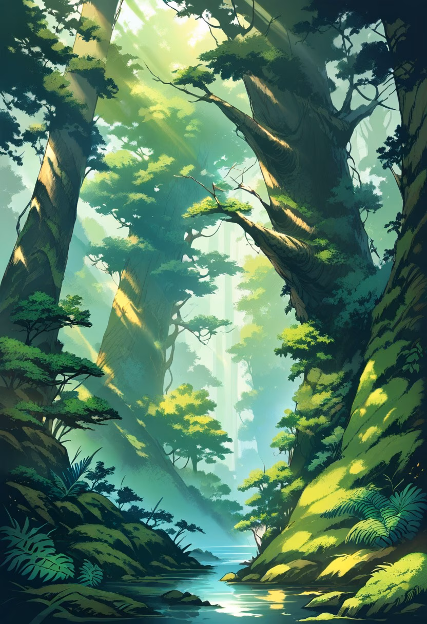 Misty Moss Forest — view 2 — moss covered forest, ancient trees, sunbeams through canopy, ferns, misty morning, emerald green, tranquil, woodland, de