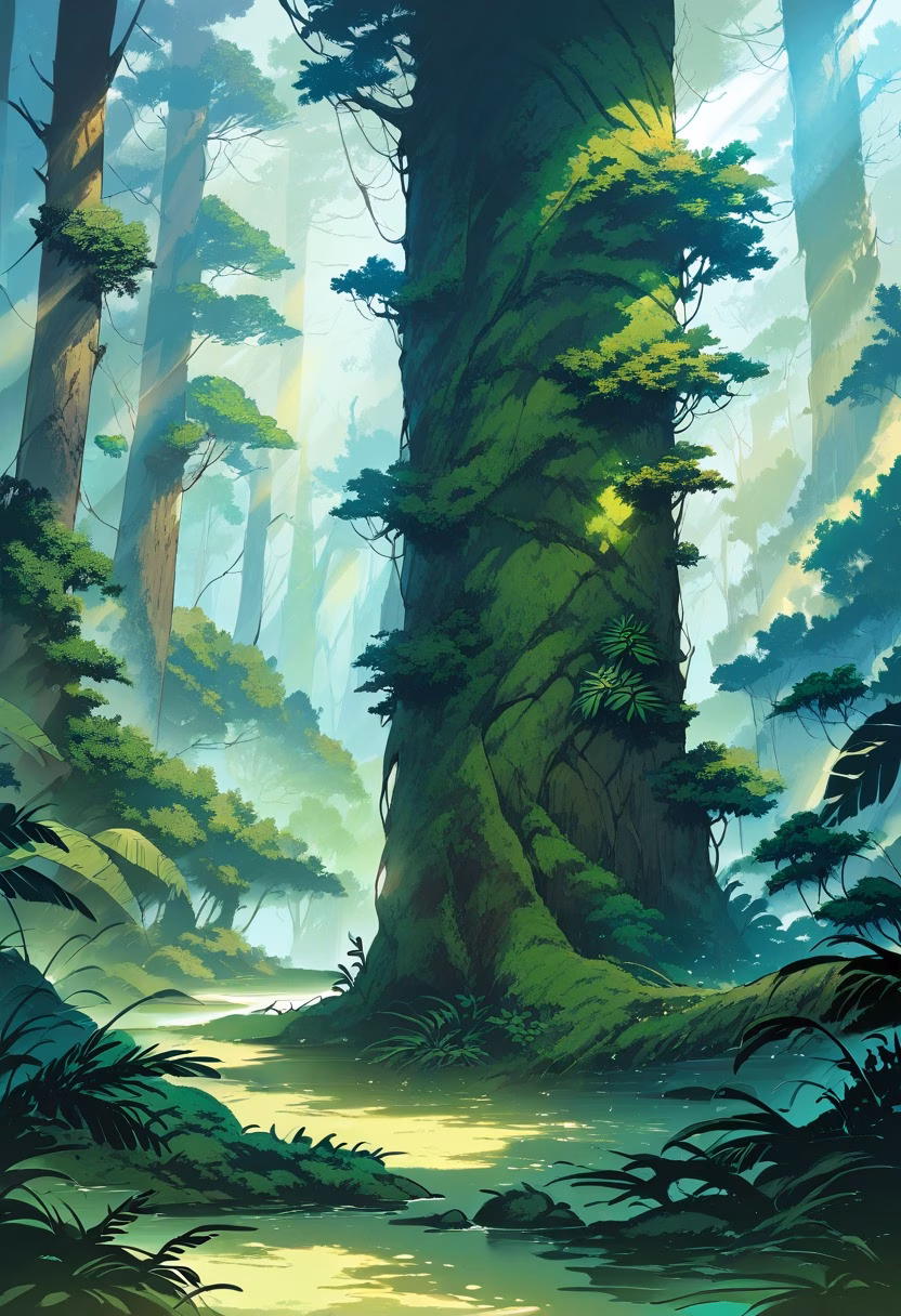 Misty Moss Forest — view 3 — moss covered forest, ancient trees, sunbeams through canopy, ferns, misty morning, emerald green, tranquil, woodland, de