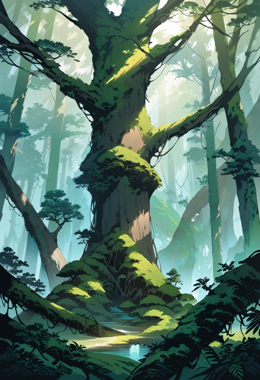Misty Moss Forest — view 4 — moss covered forest, ancient trees, sunbeams through canopy, ferns, misty morning, emerald green, tranquil, woodland, de
