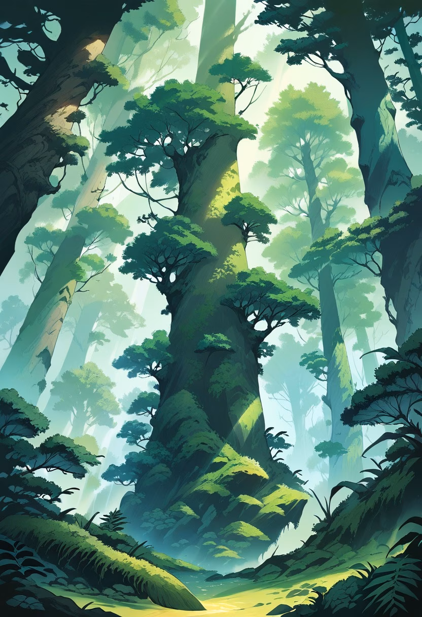 Misty Moss Forest — view 5 — moss covered forest, ancient trees, sunbeams through canopy, ferns, misty morning, emerald green, tranquil, woodland, de
