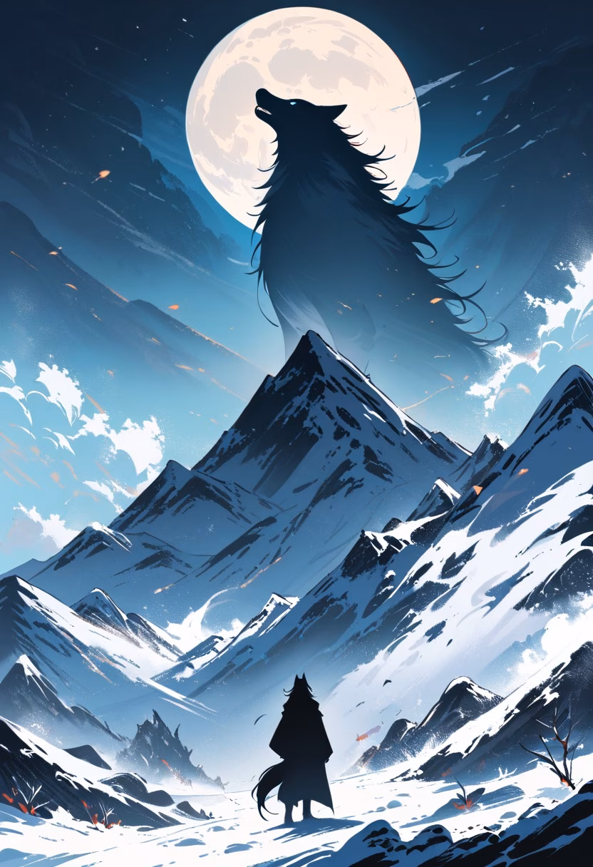 Howling Wolf at Moonrise — view 1 — wolf howling, snowy mountain ridge, full moon, silhouette, pack nearby, wilderness, dramatic, detailed fur, masterpiece,