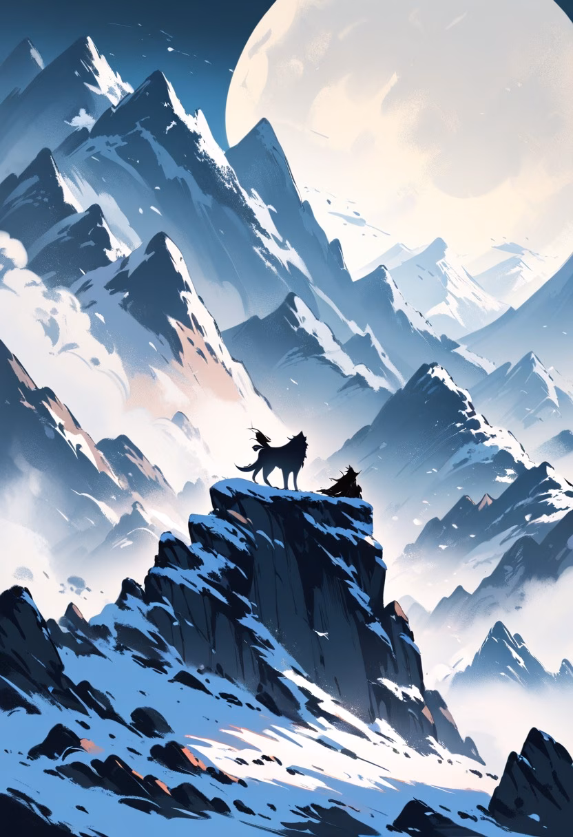 Howling Wolf at Moonrise — view 2 — wolf howling, snowy mountain ridge, full moon, silhouette, pack nearby, wilderness, dramatic, detailed fur, masterpiece,