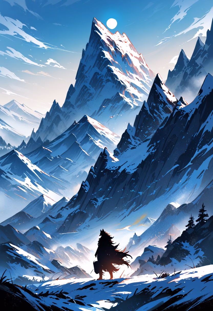 Howling Wolf at Moonrise — view 3 — wolf howling, snowy mountain ridge, full moon, silhouette, pack nearby, wilderness, dramatic, detailed fur, masterpiece,