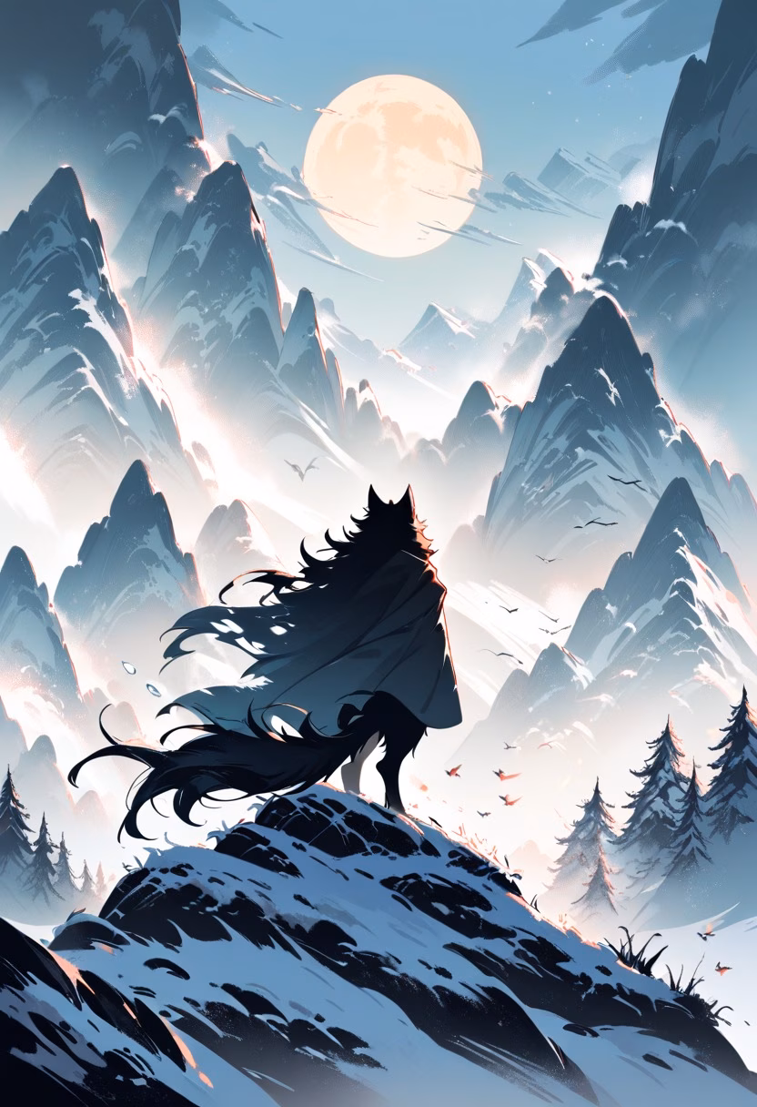 Howling Wolf at Moonrise — view 4 — wolf howling, snowy mountain ridge, full moon, silhouette, pack nearby, wilderness, dramatic, detailed fur, masterpiece,
