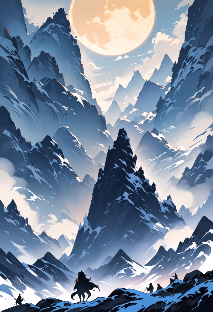 Howling Wolf at Moonrise — view 5 — wolf howling, snowy mountain ridge, full moon, silhouette, pack nearby, wilderness, dramatic, detailed fur, masterpiece,
