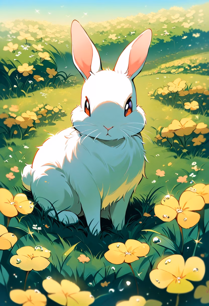 Rabbit in Clover Field — view 1 — rabbit in clover field, spring morning, dew drops, soft fur, twitching nose, meadow, cute, detailed grass, masterpiece, 