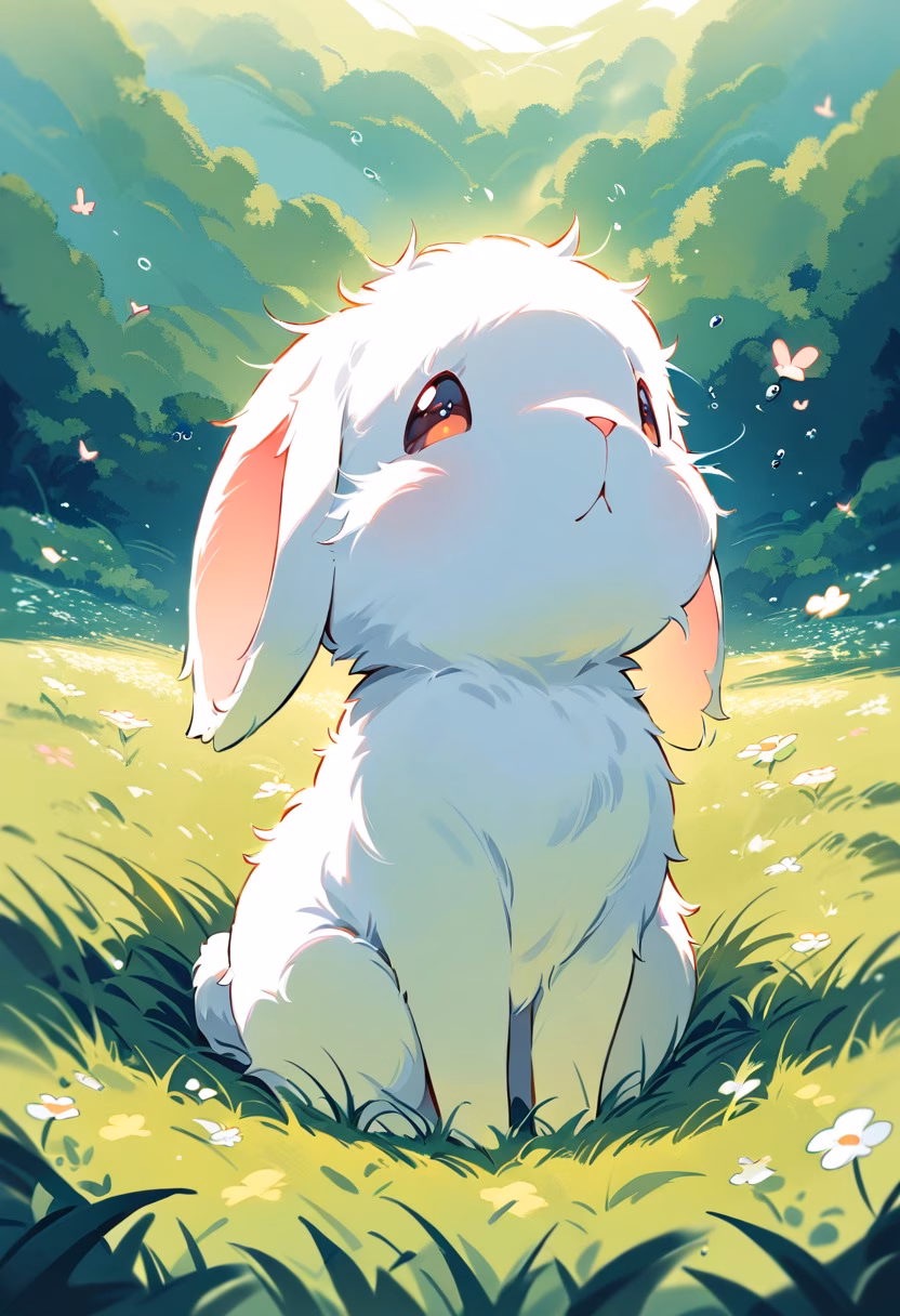 Rabbit in Clover Field — view 2 — rabbit in clover field, spring morning, dew drops, soft fur, twitching nose, meadow, cute, detailed grass, masterpiece,