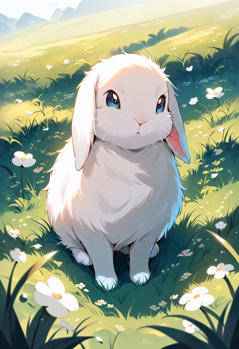 Rabbit in Clover Field — view 3 — rabbit in clover field, spring morning, dew drops, soft fur, twitching nose, meadow, cute, detailed grass, masterpiece,