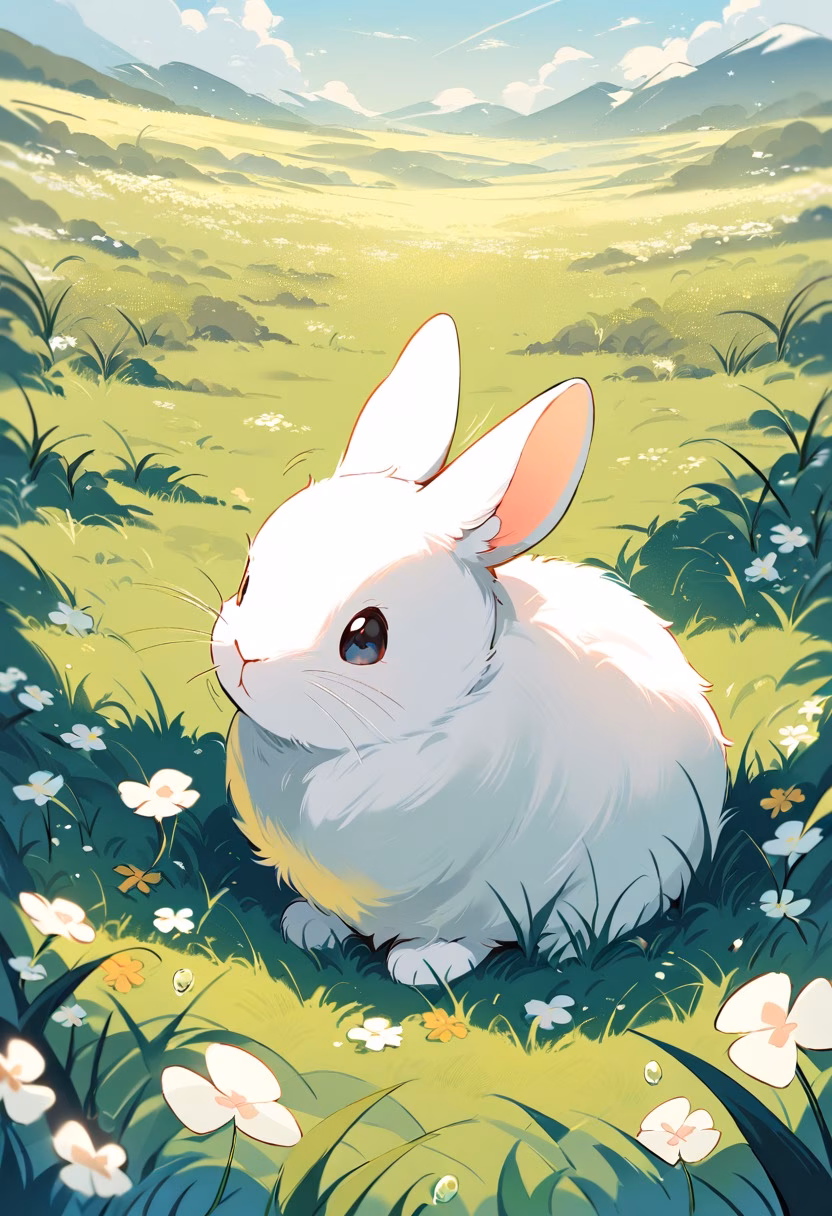 Rabbit in Clover Field — view 4 — rabbit in clover field, spring morning, dew drops, soft fur, twitching nose, meadow, cute, detailed grass, masterpiece,