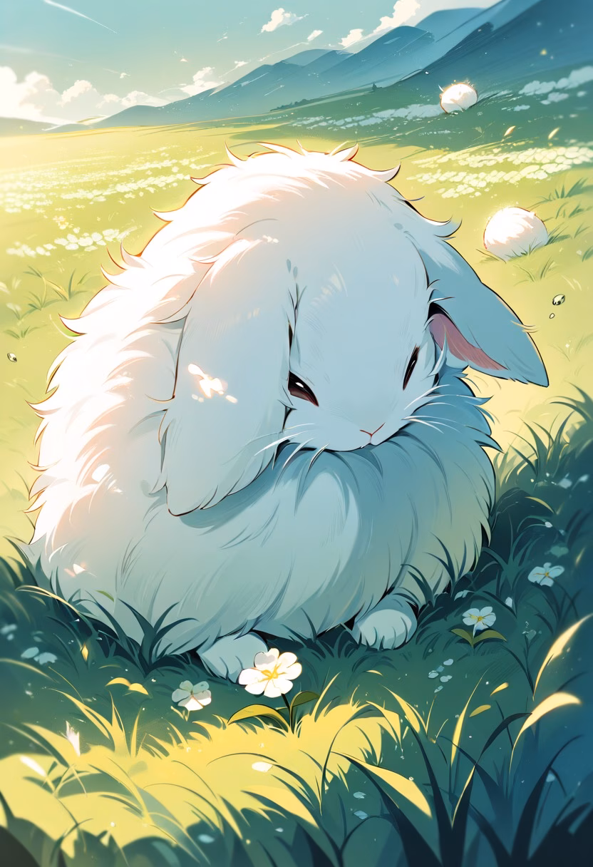Rabbit in Clover Field — view 5 — rabbit in clover field, spring morning, dew drops, soft fur, twitching nose, meadow, cute, detailed grass, masterpiece, 