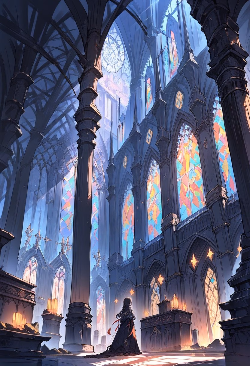 Gothic Cathedral Light — view 2 — gothic cathedral interior, stained glass windows, colorful light beams, stone pillars, high ceiling, reverent atmosphere