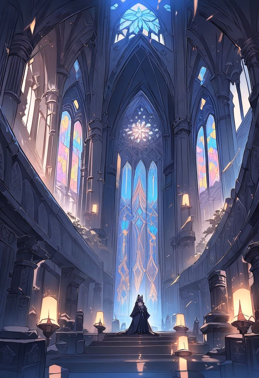 Gothic Cathedral Light — view 3 — gothic cathedral interior, stained glass windows, colorful light beams, stone pillars, high ceiling, reverent atmosphere