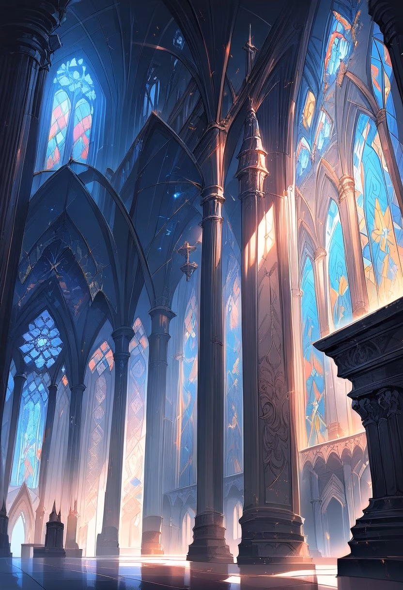 Gothic Cathedral Light — view 4 — gothic cathedral interior, stained glass windows, colorful light beams, stone pillars, high ceiling, reverent atmosphere