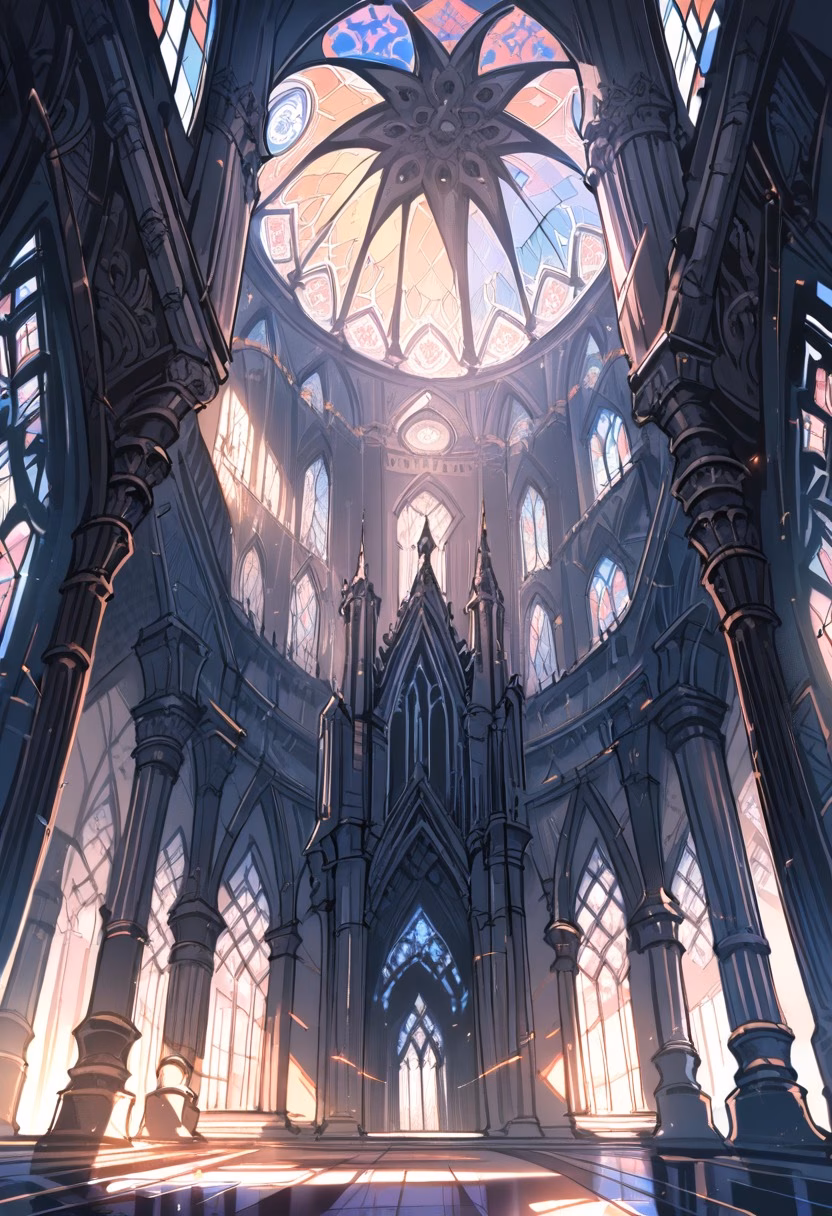 Gothic Cathedral Light — view 5 — gothic cathedral interior, stained glass windows, colorful light beams, stone pillars, high ceiling, reverent atmosphere