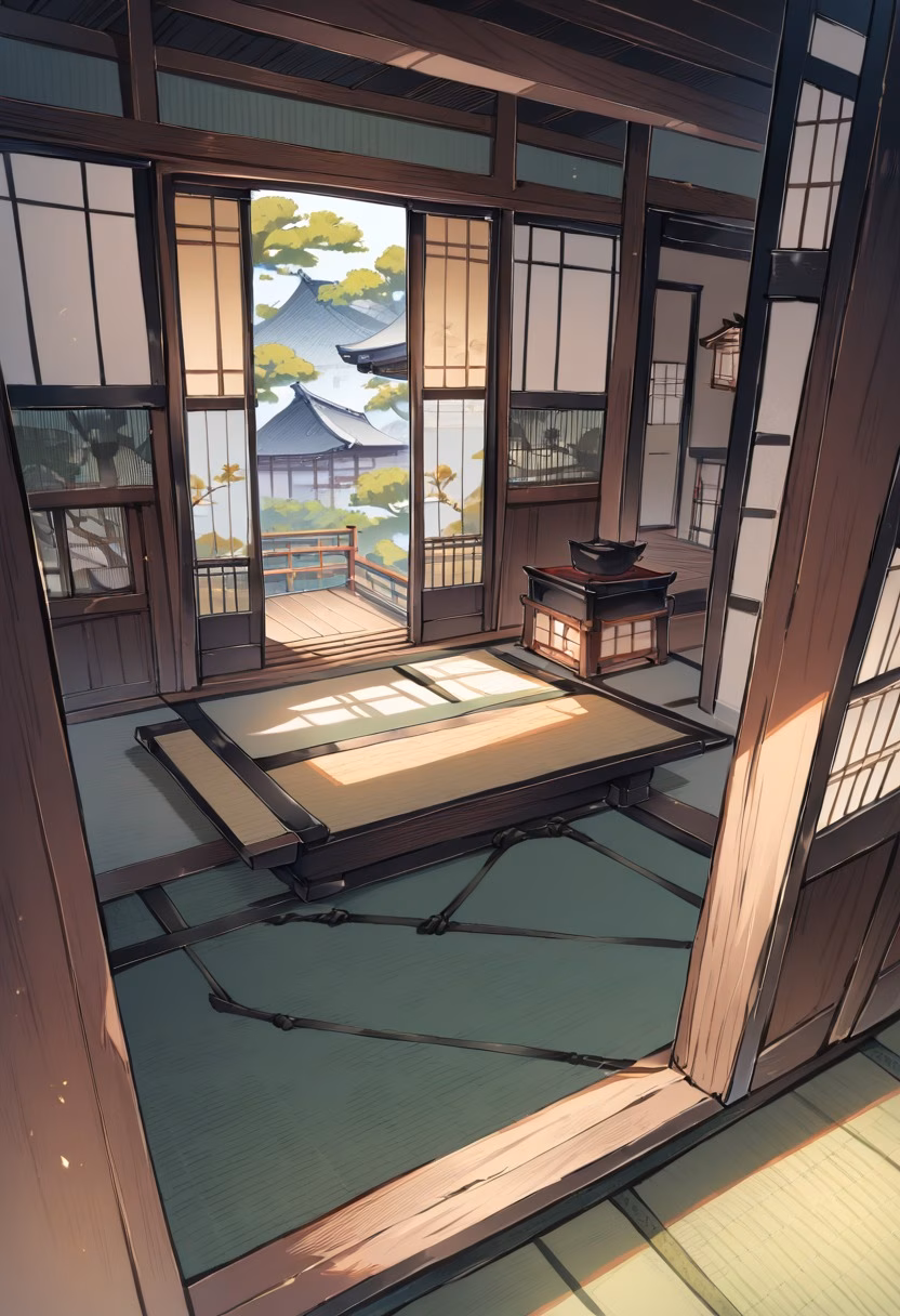 Japanese Tea House — view 1 — traditional japanese tea house, tatami mats, sliding shoji doors, zen garden view, minimalist, wooden beams, detailed wo
