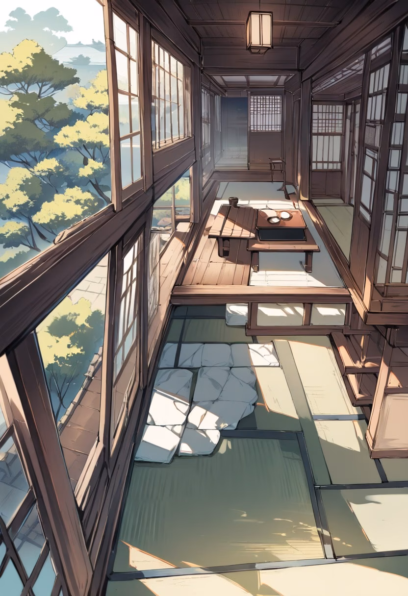 Japanese Tea House — view 2 — traditional japanese tea house, tatami mats, sliding shoji doors, zen garden view, minimalist, wooden beams, detailed wo