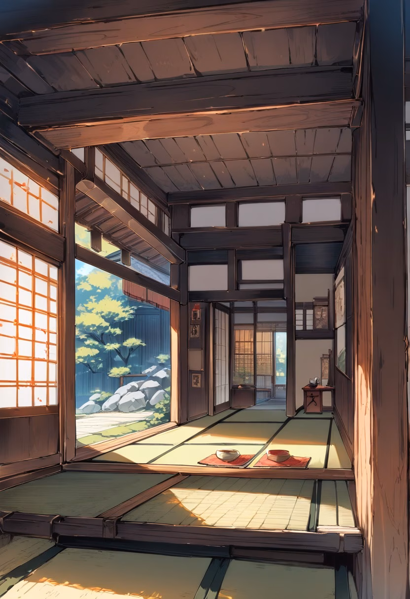 Japanese Tea House — view 3 — traditional japanese tea house, tatami mats, sliding shoji doors, zen garden view, minimalist, wooden beams, detailed wo