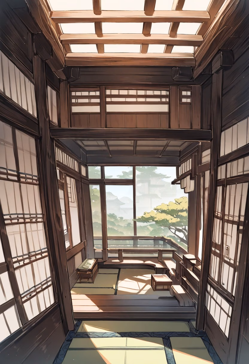 Japanese Tea House — view 4 — traditional japanese tea house, tatami mats, sliding shoji doors, zen garden view, minimalist, wooden beams, detailed wo