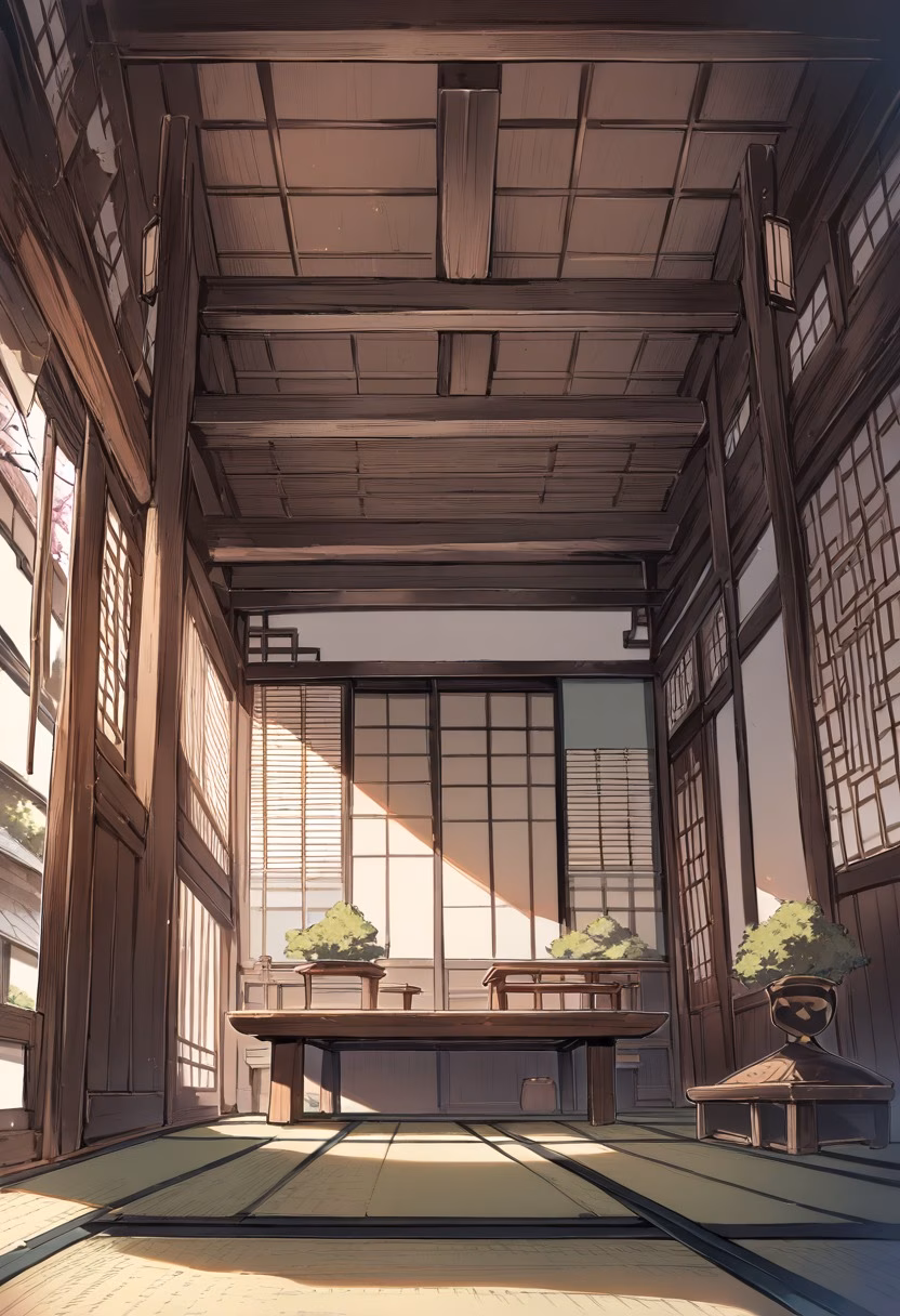 Japanese Tea House — view 5 — traditional japanese tea house, tatami mats, sliding shoji doors, zen garden view, minimalist, wooden beams, detailed wo