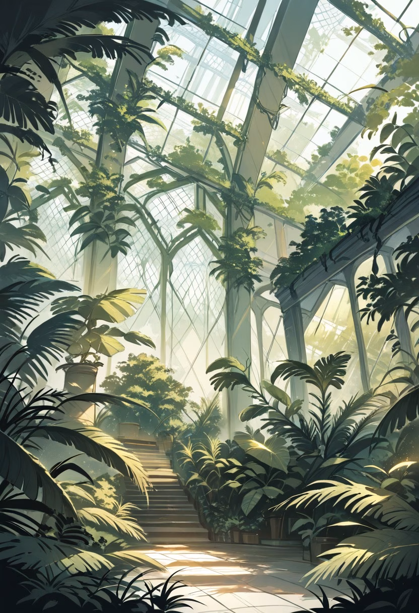 Victorian Glass Conservatory — view 1 — greenhouse conservatory, glass dome, lush ferns, iron framework, victorian style, botanical, sunlight, detailed glass pa