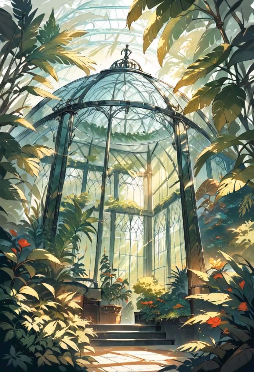Victorian Glass Conservatory — view 2 — greenhouse conservatory, glass dome, lush ferns, iron framework, victorian style, botanical, sunlight, detailed glass pa