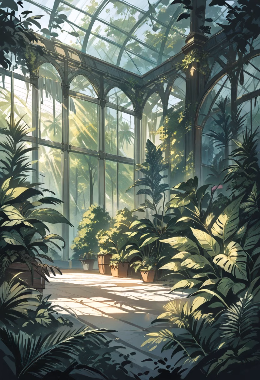 Victorian Glass Conservatory — view 3 — greenhouse conservatory, glass dome, lush ferns, iron framework, victorian style, botanical, sunlight, detailed glass pa