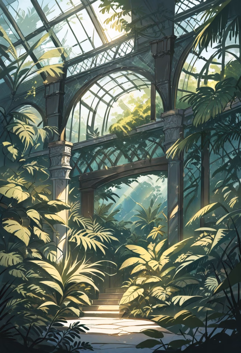 Victorian Glass Conservatory — view 4 — greenhouse conservatory, glass dome, lush ferns, iron framework, victorian style, botanical, sunlight, detailed glass pa