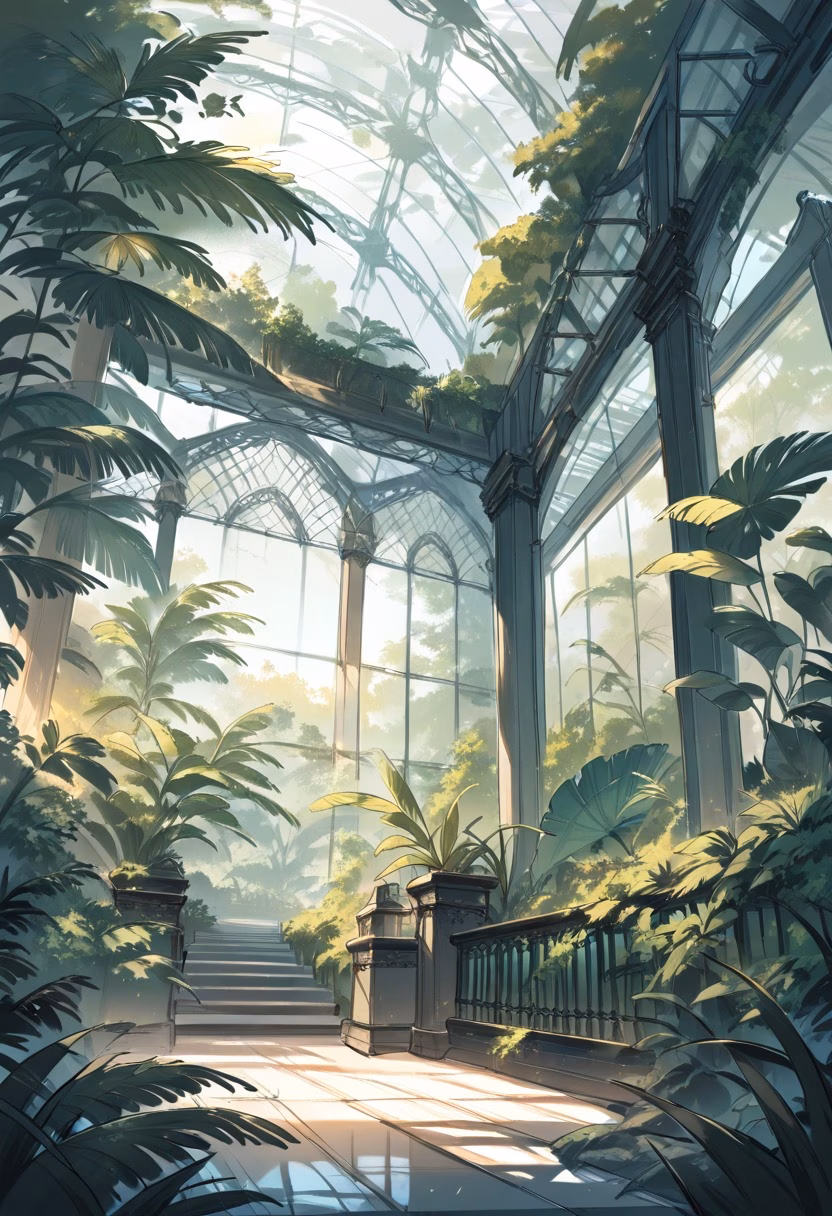 Victorian Glass Conservatory — view 5 — greenhouse conservatory, glass dome, lush ferns, iron framework, victorian style, botanical, sunlight, detailed glass pa