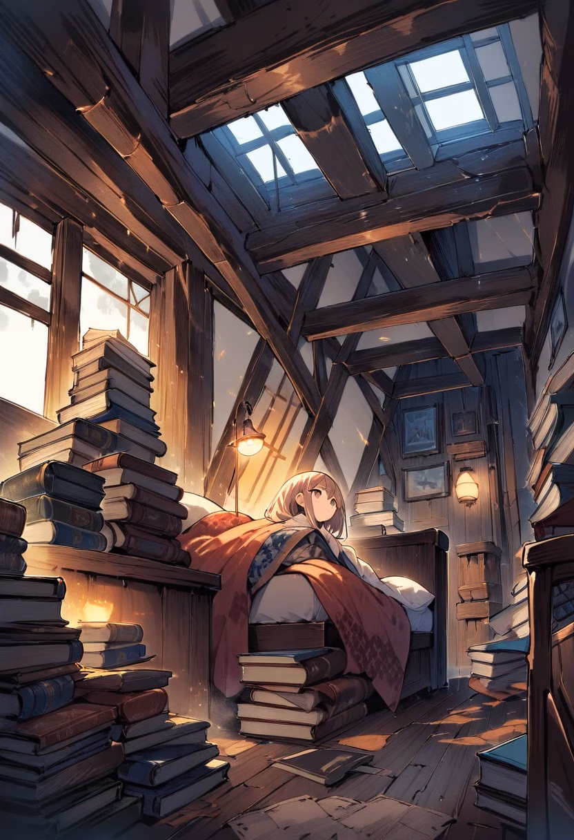 Cozy Attic Reading Nook — view 1 — attic reading nook, slanted ceiling, warm lamp light, stacked books, cozy blanket, rainy window, interior, detailed wood