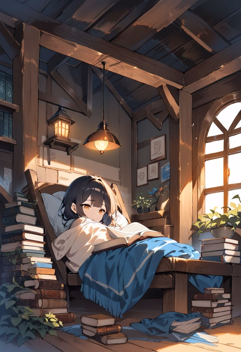 Cozy Attic Reading Nook — view 2 — attic reading nook, slanted ceiling, warm lamp light, stacked books, cozy blanket, rainy window, interior, detailed wood