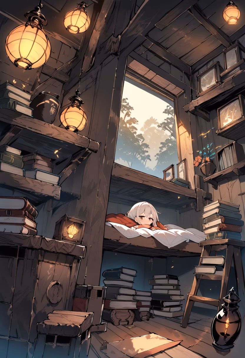 Cozy Attic Reading Nook — view 3 — attic reading nook, slanted ceiling, warm lamp light, stacked books, cozy blanket, rainy window, interior, detailed wood