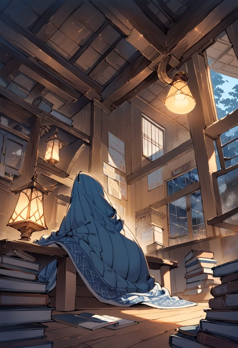Cozy Attic Reading Nook — view 4 — attic reading nook, slanted ceiling, warm lamp light, stacked books, cozy blanket, rainy window, interior, detailed wood