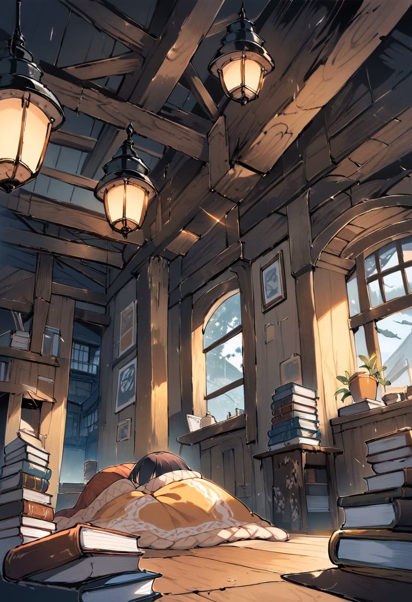 Cozy Attic Reading Nook — view 5 — attic reading nook, slanted ceiling, warm lamp light, stacked books, cozy blanket, rainy window, interior, detailed wood