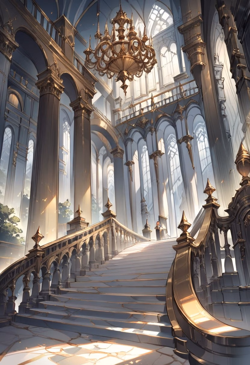 Grand Marble Staircase — view 2 — grand staircase, marble steps, chandelier, palace interior, gold trim, elegant architecture, detailed marble texture, ma