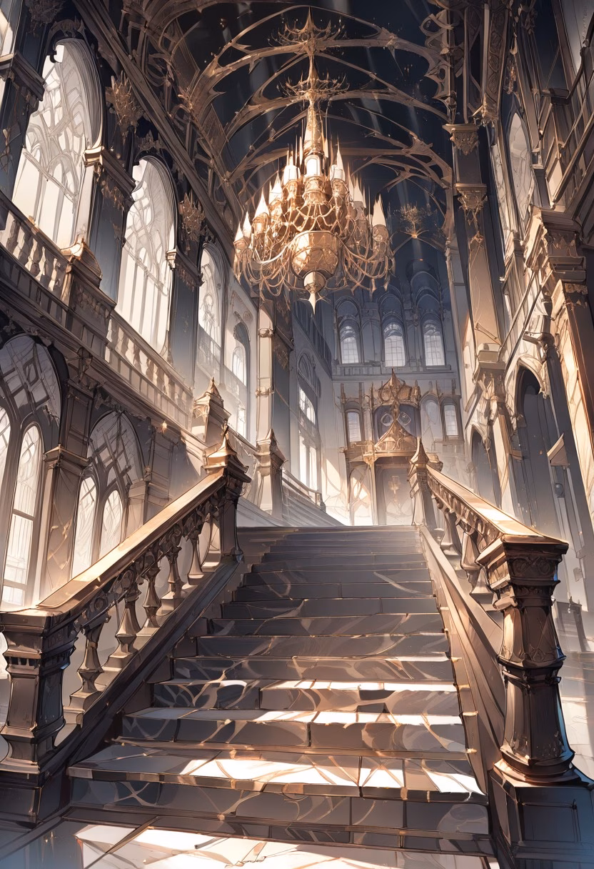 Grand Marble Staircase — view 3 — grand staircase, marble steps, chandelier, palace interior, gold trim, elegant architecture, detailed marble texture, ma